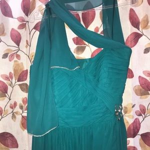 Teal dress with shawl.